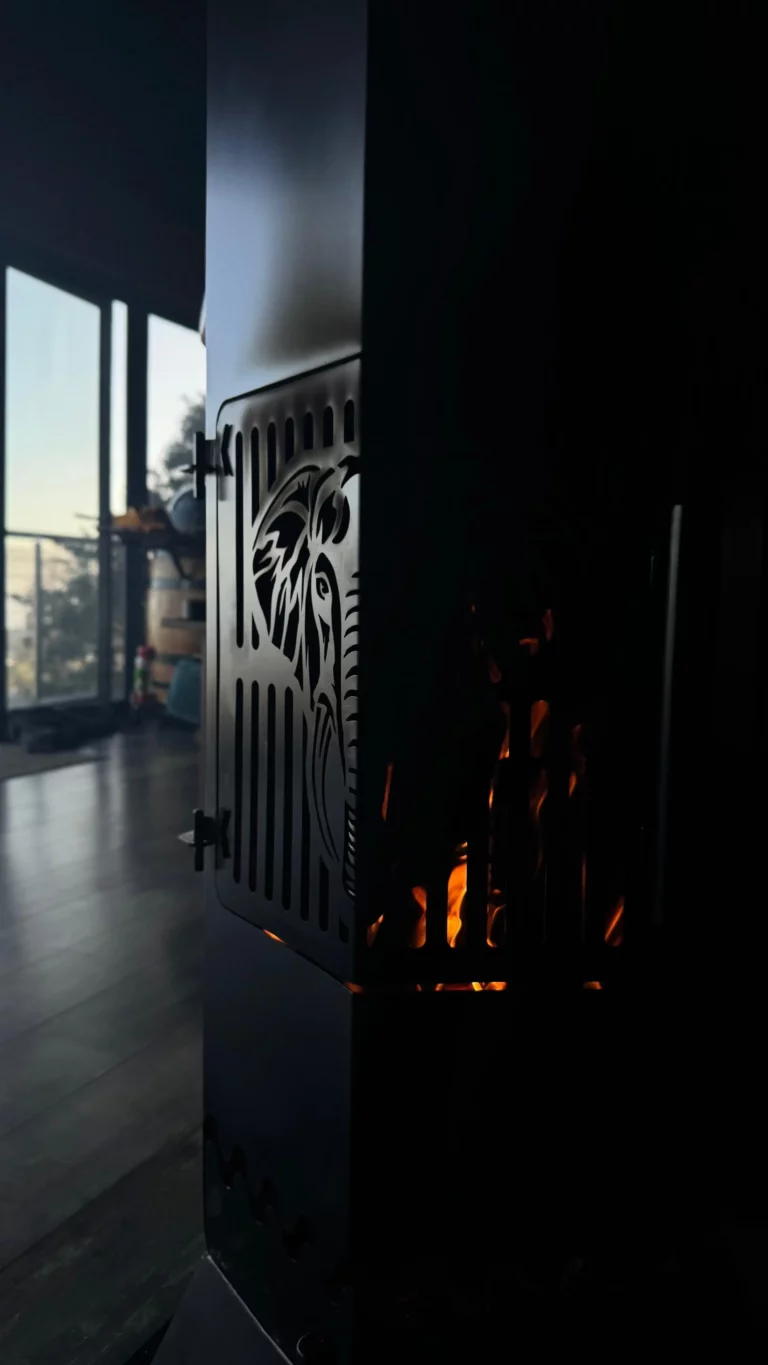 Steel indoor fireplace constructed by Geani Gold in South Africa made from 3cr12 steel, durable for indoor living
